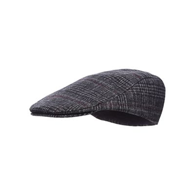 Grey checked print flat cap with wool
